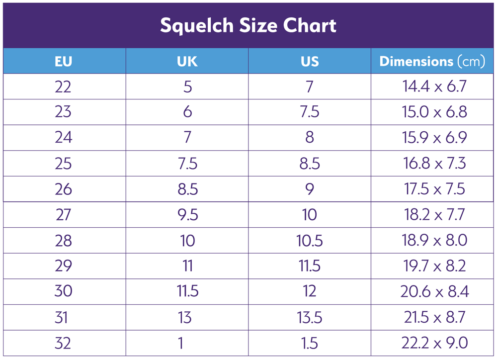 Squelch Size Guide – Kids Shoe Den